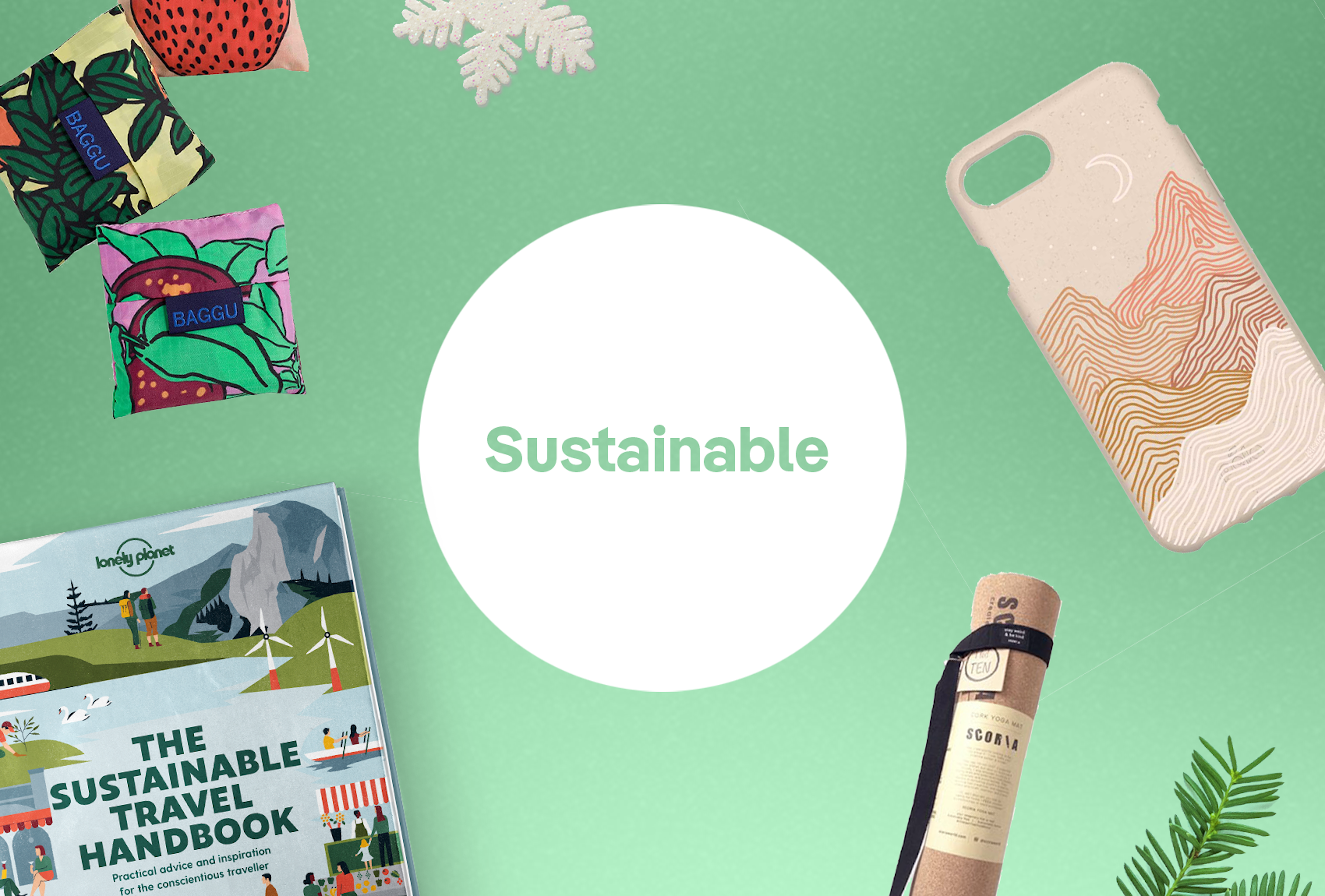 A green image with a white circle in the center. Inside the circle is the word Sustainable, also in green. Around the circle is an image of reusable shopping bags, a cell phone case, a rolled up yoga mat and the Sustainable Travel Handbook from Lonely Planet